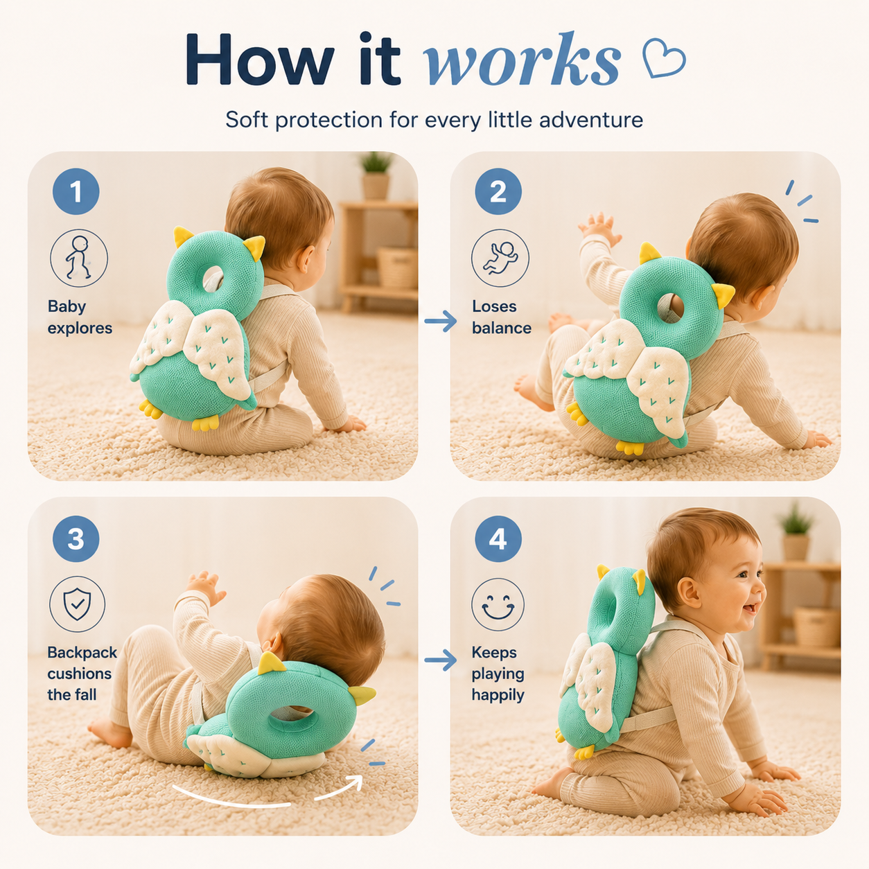 TinyNest™ Baby Safety Backpack – Head & Back Protection ⭐