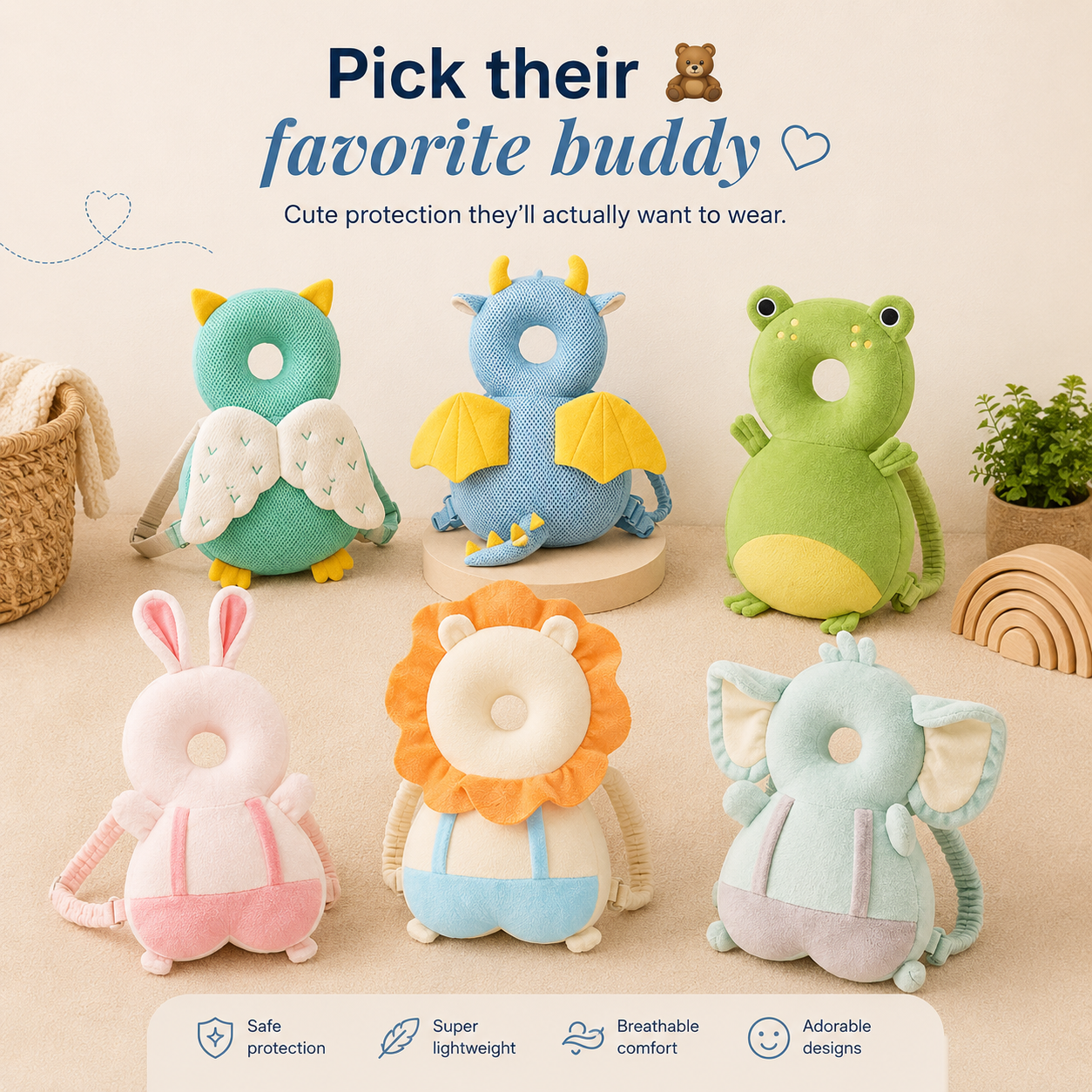 TinyNest™ Baby Safety Backpack – Head & Back Protection ⭐